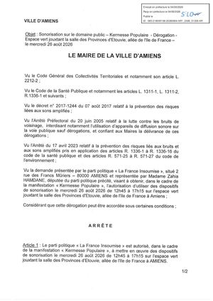 AR1 2026 01209 - ARR AUTORISATION SONO VIA AR1 2026 01209 20260804 Publiée Le 05 08 2026