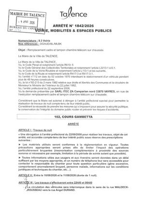 Arrete 1842-2026-Travaux De Nuit-Remplacement Cadre Et Tampon Chambre Telecom Sur Chaussee Crs Gambetta Les 10 Et 11-08-2026-Publié Le 05 08 2026