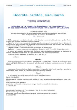 Arrêté ministériel qui reconnaît les incendies de Gironde et des Landes comme un "sinistre de grande ampleur"