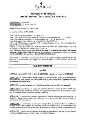Arrete 1843 2026 Arrete 1617 2026 Proroge Au 31 08 2026 Base Vie Rue Tremeuge Publié Le 6 08 2026