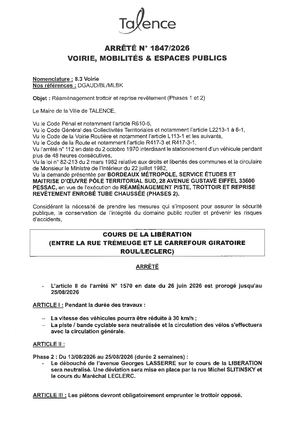 Arrete 1847 2026 Arrete 1570 2026 Proroge Au 25 08 2026 Reamenagement Trottoir Cours Liberation (Portion) Publié Le 6 08 2026