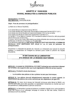 Arrete 1848 2026 Pose De Panneaux Presignalisation 290 Cours Liberation Et 2 Avenue Mission Ht Brion Du 10 08 2026 Au 12 11 2027 Publié Le 6 08 2026