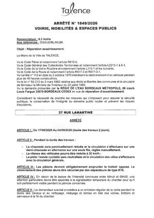 Arrete 1849 2026 Reparation Assainissement 27 Rue Lamartine Du 17 08 Au 04 09 2026 Publié Le 6 08 2026