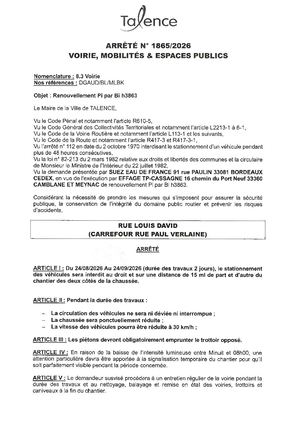 Arrete 1865 2026 Renouvellement Pi Rue Louis David Du 24 08 Au 24 09 2026 Publié Le 6 08 2026