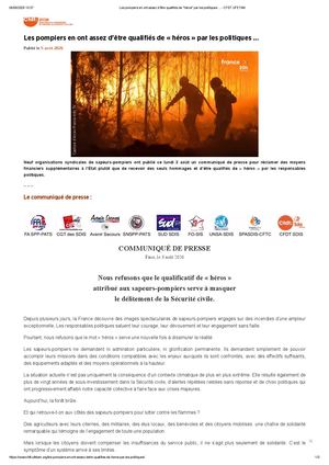 Com Presse Les Pompiers En Ont Assez D’être Qualifiés De Héros Par Les Politiques Cfdt Ufetam