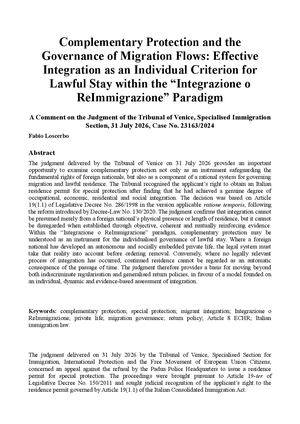 Complementary Protection and the Governance of Migration Flows: Effective Integration as an Individual Criterion for Lawful Stay within the “Integrazione o ReImmigrazione” Paradigm