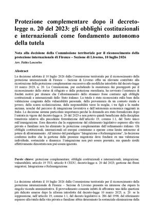 Protezione complementare dopo il decreto-legge n. 20 del 2023: gli obblighi costituzionali e internazionali come fondamento autonomo della tutela Nota alla decisione della Commissione territoriale per il riconoscimento della protezione internazionale di F