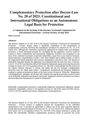 Complementary Protection after Decree-Law No. 20 of 2023: Constitutional and International Obligations as an Autonomous Legal Basis for Protection A Comment on the Decision of the Florence Territorial Commission for International Protection – Livorno Sect