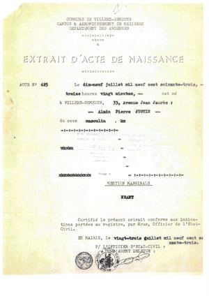 1963 07 23 Extrait Acte Naissance Alain Pierre Justin