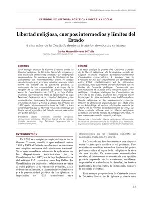 Libertad religiosa, cuerpos intermedios y límites del Estado A cien años de la Cristiada desde la tradición demócrata cristiana