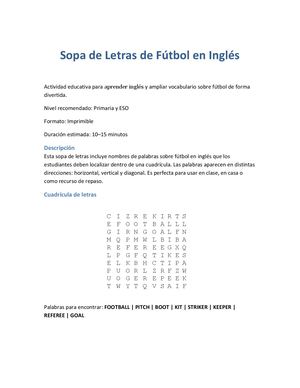 Sopa De Letras En Inglés Fútbol