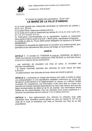 26 AT 1247 Reglementation De La Circulation Et Du Stationnement Rue Dejean Du 17 08 2026 Au 16 09 2026 - Publiée Le 07 08 2026