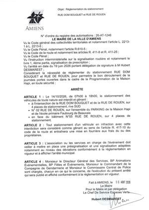 26 AT 1246 Reglementation Du Stationnement Rue Dom Bouquet Et Rue De Rouen Le 14 10 2026 - Publiée Le 07 08 2026