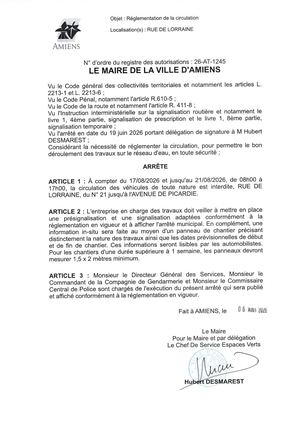 26 AT 1245 Reglementation De La Circulation Rue De Lorraine Du 17 08 2026 Au 21 08 2026 - Publiée Le 07 08 2026