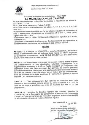 26 AT 1244 Reglementation Du Stationnement Rue Colbert Du 17 08 2026 Au 05 09 2026 - Publiée Le 07 08 2026
