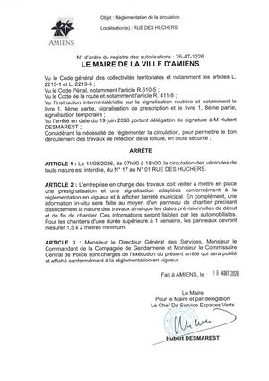 26 AT 1226 Reglementation De La Circulation Rue Des Huchers Le 11 08 2026 - Publiée Le 07 08 2026
