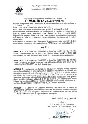 26 AT 1225 Reglementation De La Circulation Rue Des Deportes à Compter 15 09 2026 Au 29 09 2026 - Publiée Le 07 08 2026