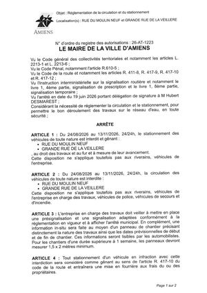 26 AT 1223 Reglementation De La Circulation Et Du Stationnement Rue Du Moulin Neuf Et Grande Rue De La Veillere Du 24 08 2026 Au 13 11 2026- Publiée Le 07 08 2026