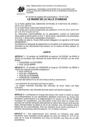 26 AT 1234 Reglementation De La Circulation Et Du Stationnement Chaussée Jules Ferry & Autres Du 24 08 2026 Jusqu'au 23 10 2026 - Publiée Le 07 08 2026