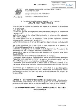 AR1 2026 01218 - 26 PSOC 2479 Autorisation D'occupation Du Domaine Public - Theatre D'animation Picard - Publiée Le 07 08 2026