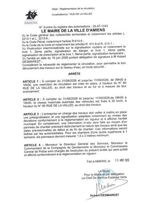 26 AT 1243 Reglementation De La Circulation Rue De La Vallée Du 31 08 2026 Au 11 09 2026 - Publiée Le 07 08 2026