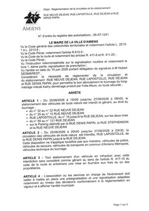 26 AT 1241 Reglementation De La Circulation Et Du Stationnement Rue Neuve Dejean & Autres Du 25 08 2026 Au 27 08 2026 - Publiée Le 07 08 2026