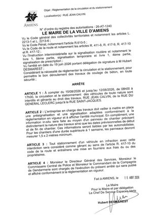 26 AT 1240 Reglementation De La Circulation Et Du Stationnement Rue Jean Calvin Du 10 08 2026 Au 12 08 2026 - Publiée Le 07 08 2026