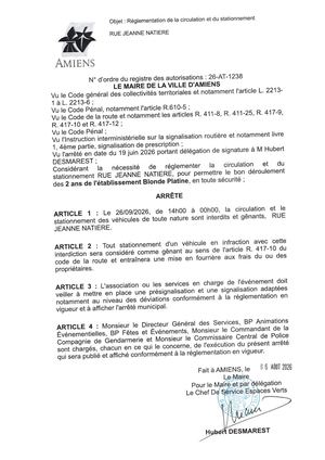 26 AT 1238 Reglementation De La Circulation Et Du Stationnement Rue Jeanne Natiere Le 26 09 2026- Publiée Le 07 08 2026