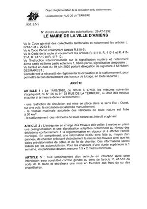 26 AT 1232 Reglementation De La Circulation Et Du Stationnement Rue De La Terriere Le 14 08 2026 - Publiée Le 07 08 2026