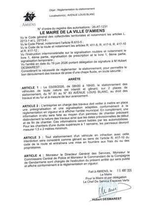 26 AT 1231 Reglementation Du Stationnement - Avenue Louis Blanc Le 03 09 2026- Publiée Le 07 08 2026