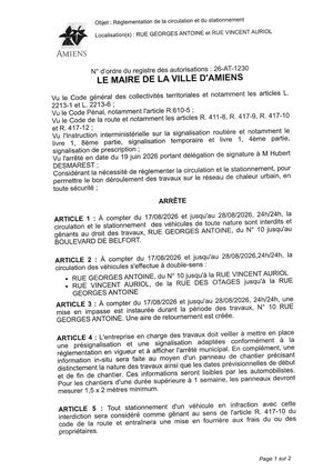 26 AT 1230 Reglementation De La Circulation Et Du Stationnement Rue Georges Antoine Et Rue Vincent Auriol Du 17 08 2026 Au 28 08 2026 - Publiée Le 07 08 2026