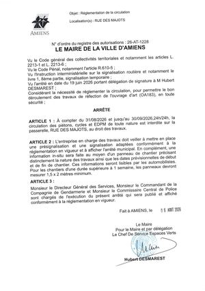 26 AT 1228 Reglementation De La Circulation Rue Des Majots Du 31 08 2026 Au 30 09 2026 - Publiée Le 07 08 2026