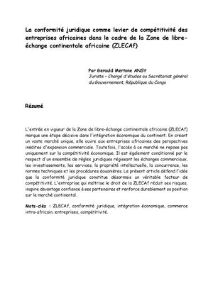 La conformité juridique comme levier de compétitivité des entreprises africaines dans le cadre de la Zone de libre-échange continentale africaine (ZLECAf)