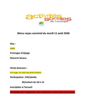 Menu Repas Festif Du Mardi 11 Aout
