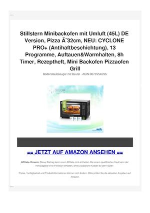Stillstern Minibackofen mit Umluft (45L) DE Version, Pizza ÃƒÂ˜32cm, NEU: CYCLONE PRO+ (Antihaftbeschichtung), 13 Programme, Auftauen&Warmhalten, 8h Timer, Rezeptheft, Mini Backofen Pizzaofen Grill