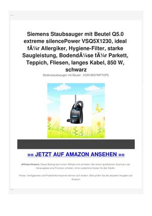 Siemens Staubsauger mit Beutel Q5.0 extreme silencePower VSQ5X1230, ideal fÃƒÂ¼r Allergiker, Hygiene-Filter, starke Saugleistung, BodendÃƒÂ¼se fÃƒÂ¼r Parkett, Teppich, Fliesen, langes Kabel, 850 W, schwarz