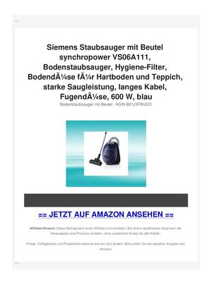 Siemens Staubsauger mit Beutel synchropower VS06A111, Bodenstaubsauger, Hygiene-Filter, BodendÃƒÂ¼se fÃƒÂ¼r Hartboden und Teppich, starke Saugleistung, langes Kabel, FugendÃƒÂ¼se, 600 W, blau