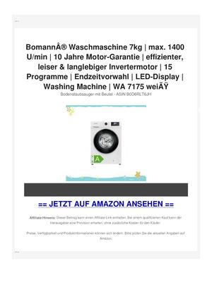 BomannÃ‚Â® Waschmaschine 7kg | max. 1400 U/min | 10 Jahre Motor-Garantie | effizienter, leiser & langlebiger Invertermotor | 15 Programme | Endzeitvorwahl | LED-Display | Washing Machine | WA 7175 weiÃƒÂŸ