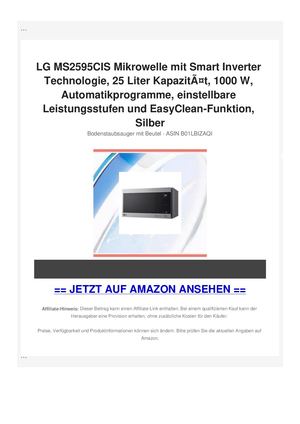 LG MS2595CIS Mikrowelle mit Smart Inverter Technologie, 25 Liter KapazitÃƒÂ¤t, 1000 W, Automatikprogramme, einstellbare Leistungsstufen und EasyClean-Funktion, Silber