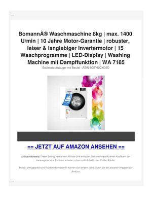 BomannÃ‚Â® Waschmaschine 8kg | max. 1400 U/min | 10 Jahre Motor-Garantie | robuster, leiser & langlebiger Invertermotor | 15 Waschprogramme | LED-Display | Washing Machine mit Dampffunktion | WA 7185