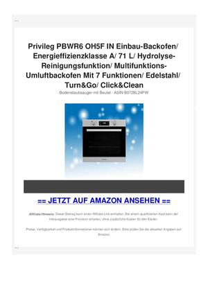 Privileg PBWR6 OH5F IN Einbau-Backofen/ Energieffizienzklasse A/ 71 L/ Hydrolyse-Reinigungsfunktion/ Multifunktions-Umluftbackofen Mit 7 Funktionen/ Edelstahl/ Turn&Go/ Click&Clean