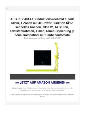 AEG IKS6431AXB Induktionskochfeld autark 60cm, 4 Zonen mit 4x Power-Funktion fÃƒÂ¼r schnelles Kochen, 7350 W, 14 Stufen, Edelstahlrahmen, Timer, Touch-Bedienung je Zone, kompatibel mit Haubenautomatik
