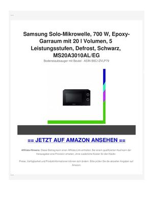Samsung Solo-Mikrowelle, 700 W, Epoxy-Garraum mit 20 l Volumen, 5 Leistungsstufen, Defrost, Schwarz, MS20A3010AL/EG