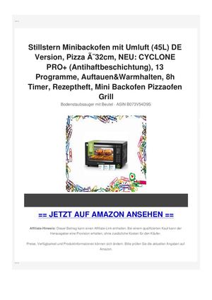 Stillstern Minibackofen mit Umluft (45L) DE Version, Pizza ÃƒÂ˜32cm, NEU: CYCLONE PRO+ (Antihaftbeschichtung), 13 Programme, Auftauen&Warmhalten, 8h Timer, Rezeptheft, Mini Backofen Pizzaofen Grill