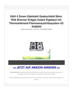 K&H 4 Zonen Edelstahl Gaskochfeld 58cm Wok Brenner Erdgas Autark Eigebaut mit Thermoelement-Flammenaustrittssystem 4Z-KHSSW