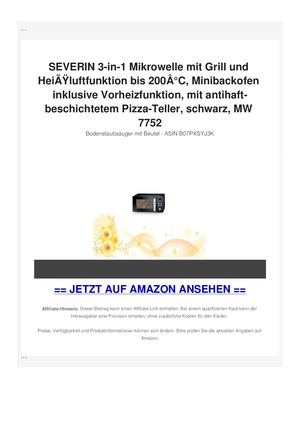 SEVERIN 3-in-1 Mikrowelle mit Grill und HeiÃƒÂŸluftfunktion bis 200Ã‚Â°C, Minibackofen inklusive Vorheizfunktion, mit antihaft-beschichtetem Pizza-Teller, schwarz, MW 7752