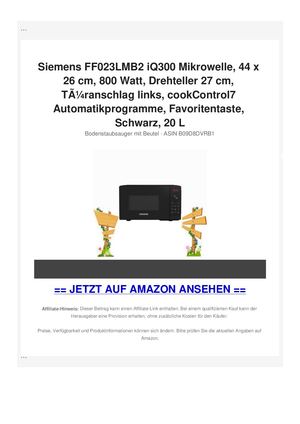 Siemens FF023LMB2 iQ300 Mikrowelle, 44 x 26 cm, 800 Watt, Drehteller 27 cm, TÃƒÂ¼ranschlag links, cookControl7 Automatikprogramme, Favoritentaste, Schwarz, 20 L