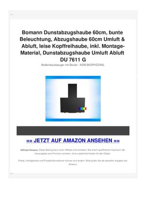 Bomann Dunstabzugshaube 60cm, bunte Beleuchtung, Abzugshaube 60cm Umluft & Abluft, leise Kopffreihaube, inkl. Montage-Material, Dunstabzugshaube Umluft Abluft DU 7611 G