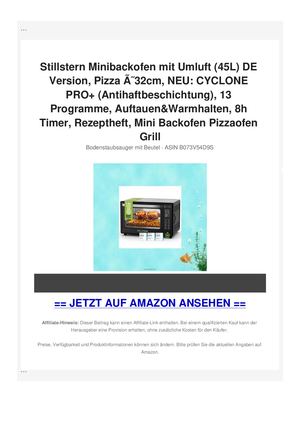 Stillstern Minibackofen mit Umluft (45L) DE Version, Pizza ÃƒÂ˜32cm, NEU: CYCLONE PRO+ (Antihaftbeschichtung), 13 Programme, Auftauen&Warmhalten, 8h Timer, Rezeptheft, Mini Backofen Pizzaofen Grill