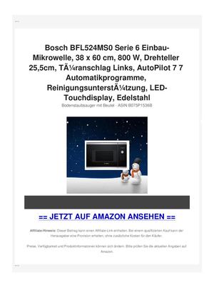 Bosch BFL524MS0 Serie 6 Einbau-Mikrowelle, 38 x 60 cm, 800 W, Drehteller 25,5cm, TÃƒÂ¼ranschlag Links, AutoPilot 7 7 Automatikprogramme, ReinigungsunterstÃƒÂ¼tzung, LED-Touchdisplay, Edelstahl